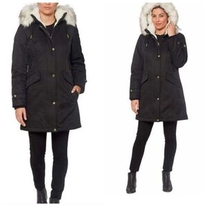 1 Madison Expedition Heritage Parka Coat L Black Faux Fur Hood Sherpa Lined